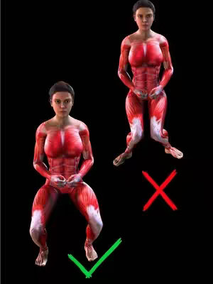 The image shows two renderings of a person in the style of a medical diagram depicting muscle structure. The figure on the left is shown squatting low with their knees bent. The figure on the right is also shown in a squat with their arms at head level and their knees bent. A green checkmark and a red X are placed near the figures to the left and right. The background is black.