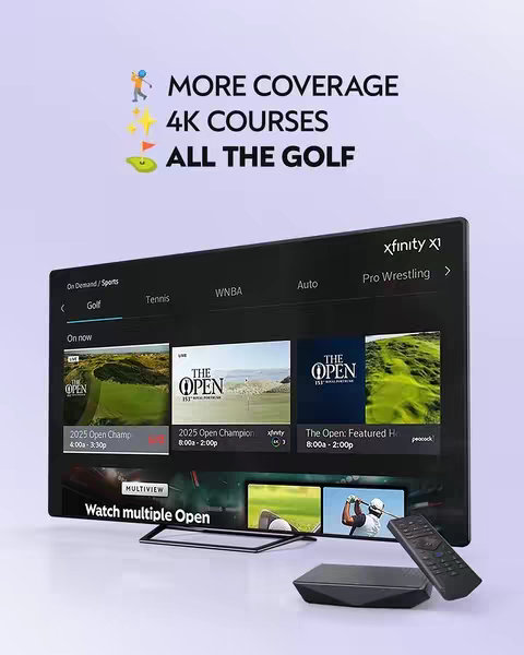 The image shows a sleek, modern television displaying a golf-related interface. The screen is filled with graphics, including key information boxes and a preview of golf content. To the right side, a remote control rests. Above the screen, the text reads, "MORE COVERAGE, 4K COURSES, ALL THE GOLF". The overall composition is clean and attractive.