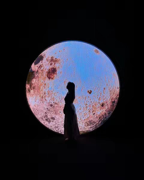 A woman stands silhouetted in front of a large, circular light display resembling the moon. The display is divided into shades of blue, pink, and brown, and the background is entirely black. The woman is seen from the side, wearing a long dress, highlighting the contrasting light and shadow.