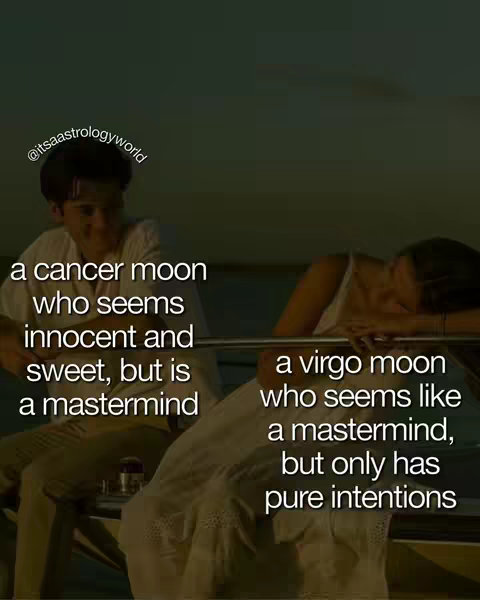 A split image showing two people on a boat or similar setting. The left side features a man looking to the left, and the right side shows a woman leaning on a railing. Text overlays describe astrological moon signs.