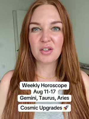 The cover image features a woman with long red hair looking towards the camera. Overlaid on the image is a white box with white text with the title "Weekly Horoscope" and the zodiac signs Gemini, Taurus, and Aries. The background appears to be a bright room.