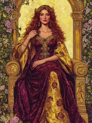 An AI-generated image depicting a woman in a regal setting. She is seated on an ornate golden throne decorated with floral motifs. The woman has long, flowing red hair and wears a lavish burgundy gown with gold accents. She has a serious expression on her face and is framed by a backdrop suggesting a grand hall. The image has a painterly style with rich colors and details, suggesting royalty or a goddess.