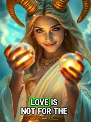A digital artwork featuring a woman with blonde hair, golden ram horns, and holding two glowing orbs. She is smiling, and the background blends blue and green hues.