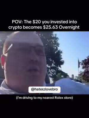 A selfie-style video taken from inside a car. The creator is in the foreground, slightly off-center on the left, with a road and trees visible in the background. Overlay text indicates the video's financial theme related to cryptocurrency investments.