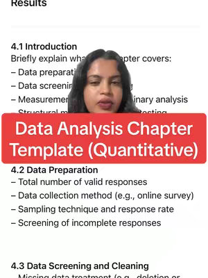 A woman with dark hair and a neutral expression is centered in the shot, with a partially visible screen behind her containing the text for a "Data Analysis Chapter Template." A red rectangular overlay with white text reading "Data Analysis Chapter Template (Quantitative)" is prominently positioned near the bottom of the image. The overall layout appears to be a screenshot or screen recording.