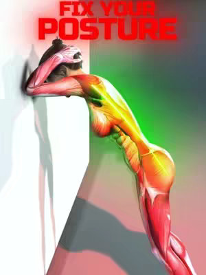 An artistic depiction of a person performing a wall stretch, with a focus on the stretching muscles using a red and yellow color palette. The background has a green and pink gradient.