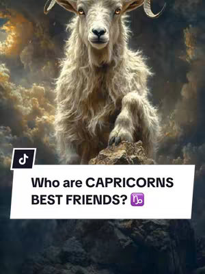 A digital illustration featuring a large, imposing goat, the astrological symbol for Capricorn, standing atop a rocky outcropping. Behind the goat, a dramatic sky of swirling clouds dominates the backdrop, tinged with shades of orange and blue. The video's hook, 'Who are CAPRICORNS BEST FRIENDS?', is displayed on a white rectangular banner at the base with the Capricorn symbol.