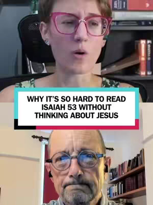 The cover image is a split screen. The top half features a woman with short hair and large framed glasses, looking directly at the camera with slight concern. The bottom half shows a man with glasses looking serious. Overlayed between them but clearly visible is the text overlay with the video's hook, which is on a colorful background.