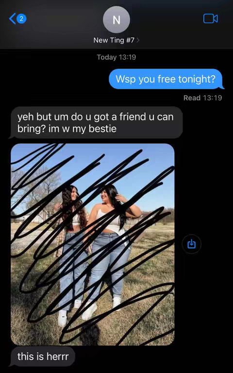 A phone screenshot showing a text message conversation. The main part of the screenshot highlights a photo of two women in casual attire, likely taken outdoors. The women are smiling and posing. Overlaying the image is a black graphic, obscuring parts of the photo.