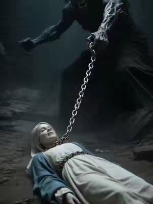 A digitally rendered image depicting a scene from Christian lore. The Virgin Mary, dressed in a white and blue robe, is shown lying on the ground, her eyes closed. A dark, shadowy figure hovers above her, holding a large chain attached to her neck. The background is dark and indistinct, enhancing the dramatic and possibly ominous atmosphere.