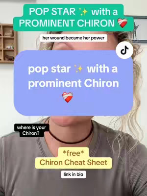 A cover image features a person's lower face and neck against a blurred background. Overlaid are several text boxes with information about "Chiron" and "Pop Star". The person is wearing a grey shirt and a black necklace.
