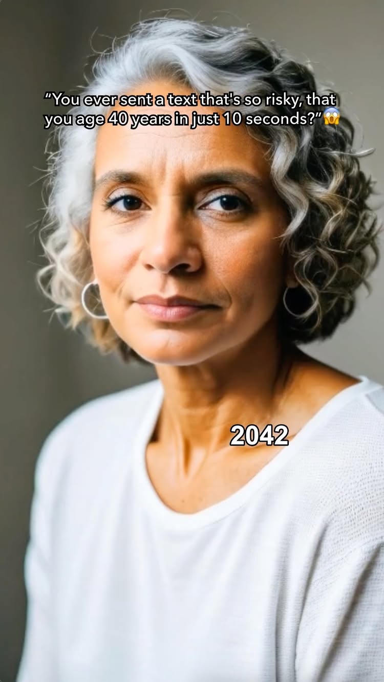 A close-up shot of a woman with gray curly hair and mature facial features. She's wearing a white top against a light gray background. Text overlays include a quote about aging quickly and the number '2042' at the bottom.