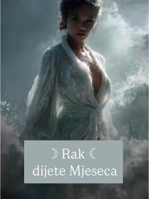An AI-generated image of a woman in a white, flowing robe positioned in a dreamy, cloudy environment.  A rectangular text overlay at the bottom includes details about the zodiac sign Cancer.