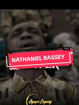 The cover image features a man with a slightly open mouth, displaying an emotional expression. The text overlay reads "NATHANIEL BASSEY". The color scheme is muted, with the red and white banner. The overall composition points towards a religious or musical context.
