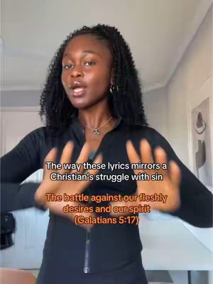 A woman with curly black hair is centered in a vertical shot, standing with her arms outstretched and hands open, as if gesturing during a discussion. She wears a dark top and a simple necklace. Text overlays list the topic and Bible verses over her torso, while a plain wall and a glimpse of a headboard form the background.
