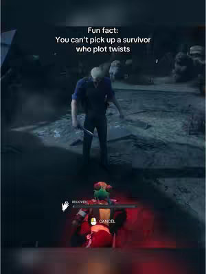The image is a vertical screenshot from a video game, likely Dead by Daylight. The top portion features a character with a weapon standing in a somewhat dilapidated, dimly lit environment. The bottom portion shows another character downed, with a 'Recover' prompt and 'cancel' option. Text overlayed on the image reads 'Fun fact: You can't pick up a survivor who plot twists'. The color palette is dark and muted, with hints of red and blue.