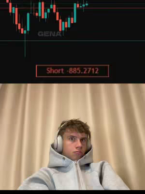 The image features a young man in a grey hoodie and white headphones. He has a worried expression. Behind him is a stock chart, and a text overlay that says 'Short -885.2712'.