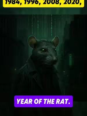 The cover image features a digital artwork. A rat wearing a leather coat stares directly at the viewer against a dark, futuristic background. Overhead, vertical lines of binary code suggest a digital, Matrix-like environment. Two text overlays are present: the first contains dates in yellow, and the second states 'YEAR OF THE RAT' in a purple box.