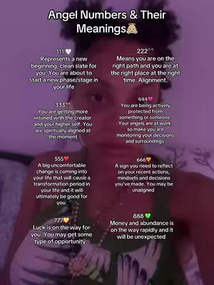 A person is holding up a graphic with angel numbers and their meanings. The graphic is in a vertical format, with the text overlaid on the image of a person and their background. The graphic has a purple and pink color scheme. The cover image has bright lighting. The person is located in the center of the image and is the main focus of the cover image.