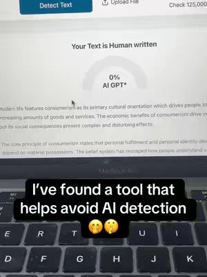 A laptop screen displaying text analysis with a title overlay at the bottom. The screen shows text and a percentage indicating its 'human-written' status.