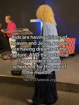 A shot from a church, featuring a woman facing away from the camera with light-colored curly hair, standing in front of a cross; a man with a guitar is playing nearby. Text overlays detail messages about visions, dreams, and a peace deal.