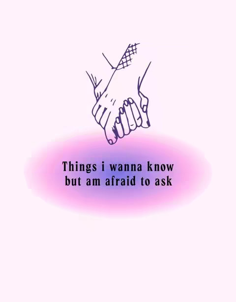 The image features a hand-drawn illustration of two hands holding each other, set against a gradient background. The hands are depicted with dark, thin lines, and the nails are painted or drawn in a slightly pinkish color. They appear to be clasped, suggesting a connection. Below the hands, a blurred pink and purple shape provides a backdrop for the text. The text, written in a simple, sans-serif font, reads 'Things i wanna know but am afraid to ask'. The overall aesthetic is soft and romantic, with the color palette being muted pinks and purples.