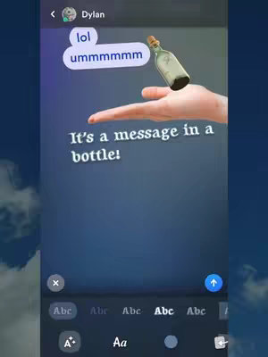 A screenshot of a phone interface with a chat bubble saying "lol" and "ummmmmm" and a fake hand holding a message in a bottle over chat screen with background sky image