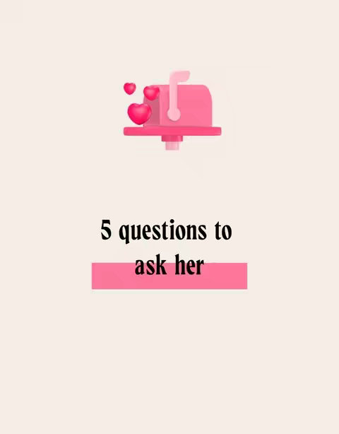 A light beige background with a 3D pink mailbox with three floating pink hearts above it. Below this is the text: '5 questions to ask her' on a pink rectangular background with black text.