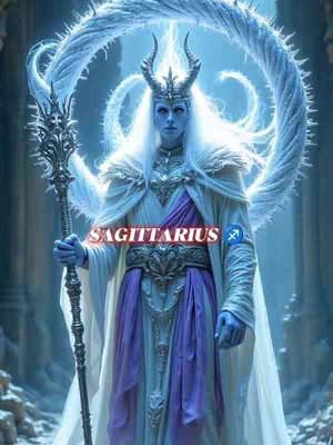 A digital art piece featuring a fantasy character representing Sagittarius. The figure is a pale-skinned humanoid with blue skin, long white hair, and regal attire and accessories. The character stands in front of an ethereal backdrop, holding a staff.