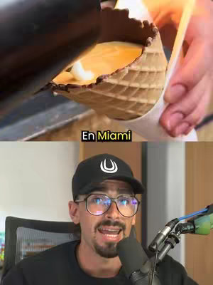 The cover image is split into two sections. The top section shows a close-up of a waffle cone being filled with a yellow liquid, likely coffee or another beverage, and the bottom section displays a man in a black cap and glasses speaking into a microphone.