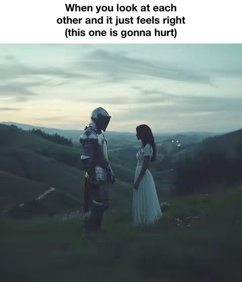 The image shows a knight in full armor facing a woman in a white dress. They are standing in a field, surrounded by rolling hills and a partly clouded sky.