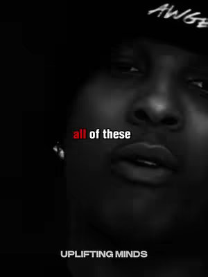A grayscale close-up features a person's face with text overlaid. The person, wearing a cap, is angled toward the side and slightly downward, with the text in contrasting red, aligned centrally. The bottom text says 'Uplifting Minds.'