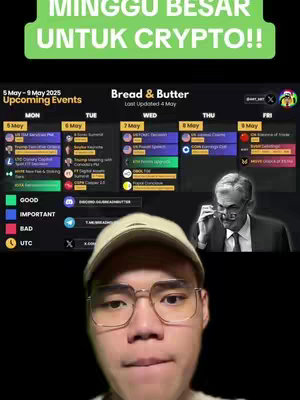 The cover image features a young man in front of a screen displaying crypto-related events. The man, wearing glasses and a cap, looks directly at the viewer. Above him, text in green font states 'MINGGU BESAR UNTUK CRYPTO!!'. A calendar with upcoming events, color-coded for importance, is visible, along with an image of an older man on the right.