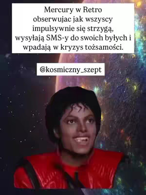 The image shows a stylized representation of Michael Jackson. He is depicted against the backdrop of a starry, colorful nebula with a planet in the background. Text overlays are placed above and partially below him. Jackson is wearing a red jacket.