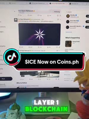 A person films the screen of the laptop and a TikTok overlay is on the image. The screen itself displays a Twitter profile of "Ice Open Network," with its logo in the center and tweets below. The bottom displays "LAYER 1 BLOCKCHAIN" text.