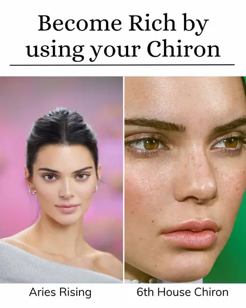 The cover image is split horizontally, featuring two close-up portraits of Kendall Jenner. The top section features the text "Become Rich by using your Chiron" in a black font. The left side shows a portrait, with a pink and blurred background, with Jenner wearing a grey crewneck sweater and her hair pulled back. The words "Aries Rising" are below the picture. The right side portrait is a close-up shot of Jenner's face, with a green blurred background. The text below the picture says, "6th House Chiron."
