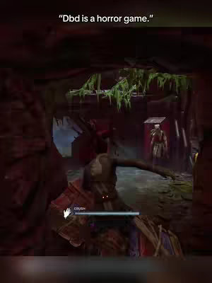 The image shows a scene from a video game viewed from a first-person perspective. A character is running through a dark environment with some foliage hanging down. Text is overlaid at the top.