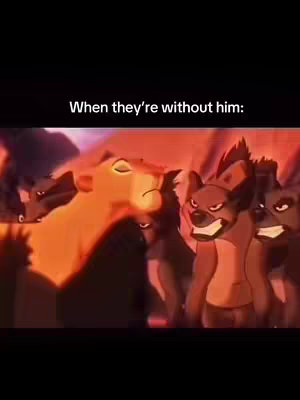 The image presents a scene from the animated film "The Lion King." The foreground shows a lioness, possibly Nala or Sarabi, with her eyes closed, and several menacing hyenas, including Shenzi, Banzai, and Ed. The hyenas have sinister expressions. The background is a fiery palette of oranges and reds, suggesting tension and drama.