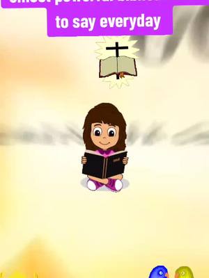 A cartoon image featuring a young girl sitting with her legs crossed, reading a dark-colored book, possibly a Bible. Above her, a cross hovers over an open book, radiating a golden glow, set against a soft, blurred background that transitions from yellow to a subtle blue. Colorful birds are at the bottom.