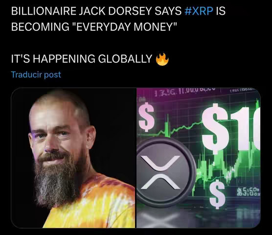 The cover image is split into two main sections. On the left is a picture of a man with a beard and short hair, wearing a tie-dye shirt. to the right is a graphic with a XRP logo, dollar signs, and a chart with green lines. The top of the image has the text 'BILLIONAIRE JACK DORSEY SAYS #XRP IS BECOMING "EVERYDAY MONEY"
IT'S HAPPENING GLOBALLY🔥'.