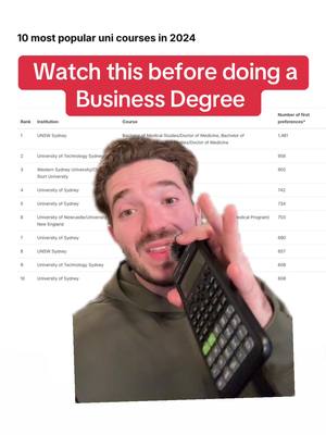 A man in a green hoodie is holding a calculator, smiling, while the top part of the image displays data. There's text overlayed within a red bar, urging a viewer to watch before doing a Business Degree, set against a white background with a list about top uni courses.