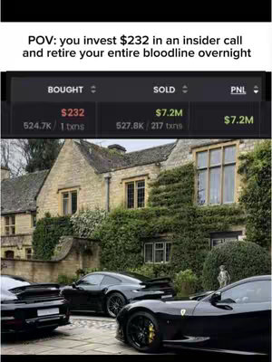 The cover image showcases a screenshot of a trading platform interface, displaying financial metrics. A text overlay reads, 'POV: you invest $232...and retire your entire bloodline overnight.' The background features a luxurious house with multiple black cars parked in front. The composition implies wealth and financial success. The color palette is dominated by greens and browns from the house in contrast to the black from the cars and the trading platform screen, creating a juxtaposition between success and lifestyle.