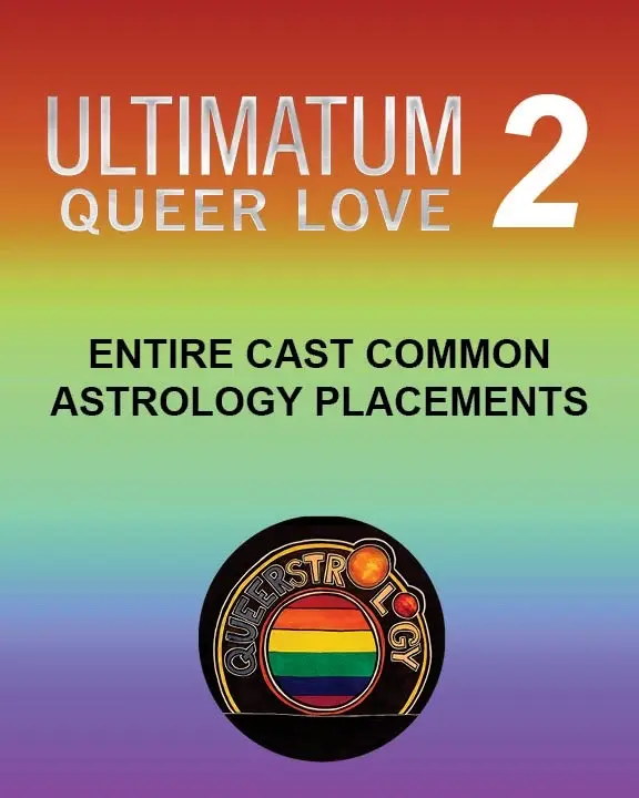 The cover image features a gradient background transitioning from red at the top to green and then purple at the bottom. Large, silver text at the top reads "ULTIMATUM" above "QUEER LOVE", with a large white "2" to the right. In the center, black text says "ENTIRE CAST COMMON ASTROLOGY PLACEMENTS". At the bottom center, there's a circular logo with the word "QUEERSTOLOGY" around a rainbow-colored design. The overall design is clean and eye-catching.