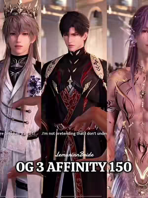The image is a vertical compilation featuring three anime-style male figures. Each figure is positioned in a separate, vertically-aligned segment. The leftmost figure is light-skinned with long, silver hair styled in a way reminiscent of a crown, wearing a white and black adorned coat. The middle figure is darker-skinned with short, black hair, dressed in a black and red outfit. The rightmost figure has long, purple hair and a lighter skin tone and is semi-nude with detailed body art. The image includes overlaid text at the bottom with a logo in the middle.