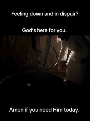 The image features a dark, cavernous space with a figure in white robes, possibly Jesus Christ, reaching a hand out towards a dark pool. Text overlays are prominently displayed, offering inspirational messages. The lighting is dim, creating a sense of mystery.