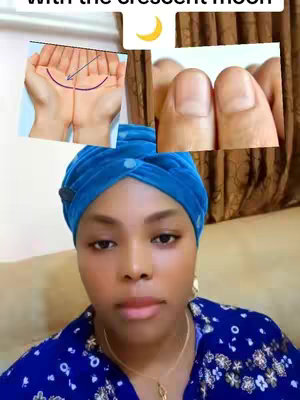 A woman with a blue headscarf sits with a beige couch in the background. In the top left are images of hands and nails. The woman wears a floral patterned top, and has gold earrings and a necklace.
