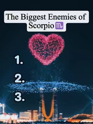 An image with a dark blue background features a cityscape at the bottom lit with warm, gold tones, underneath the words 'The Biggest Enemies of Scorpio' in white. A heart made of glowing pink particles floats above, and three numbers, 1, 2, and 3, appear beneath. The overall composition is a list.