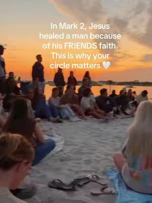 The cover image shows a group of people on a beach at sunset, with text overlaid mentioning Jesus, friends, and the importance of one's circle. The scene includes silhouetted figures, a sandy beach, and a colorful sky.