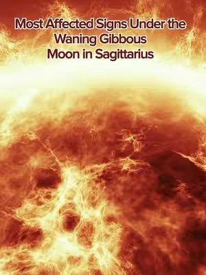 The cover image shows a fiery, abstract background with the text overlayed at the top reading 'Most Affected Signs Under the Waning Gibbous Moon in Sagittarius'. The color palette is dominated by oranges and yellows, creating a warm and energetic feel. The layout is simple, with the text centered above the abstract background.