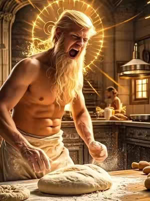 An AI-generated image depicts a muscular, shirtless man with long blond hair and a halo, seemingly 'God', making bread in a kitchen. He is yelling with his mouth open, radiating energy. Flour is dispersing in the air as the dough sits on a wooden surface. A person is softly illuminated in the background, adding ambiance.